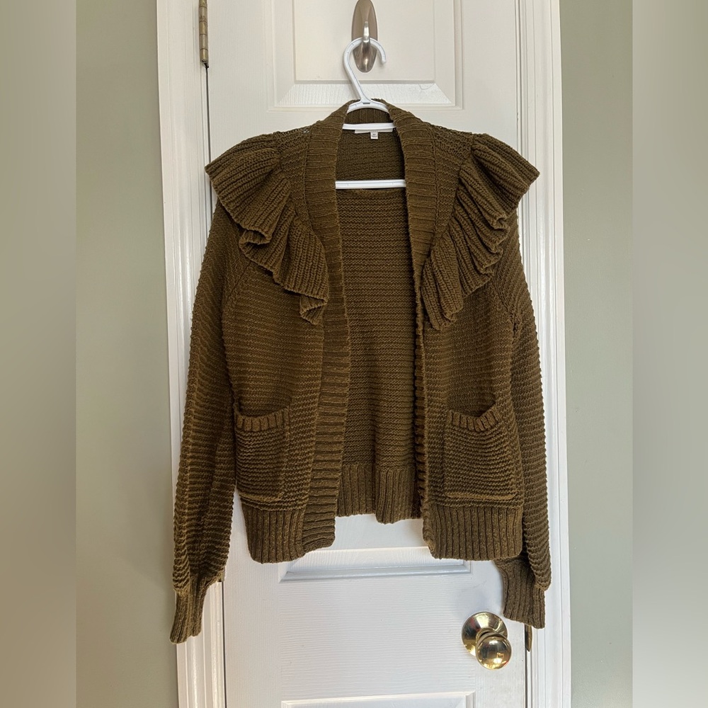 Madewell Olive Green Ruffle Cardigan Sweater Size XS b3